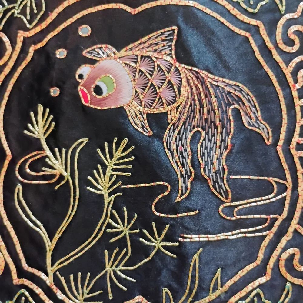 Embroidered Fish Design Wall Art - Black and Gold